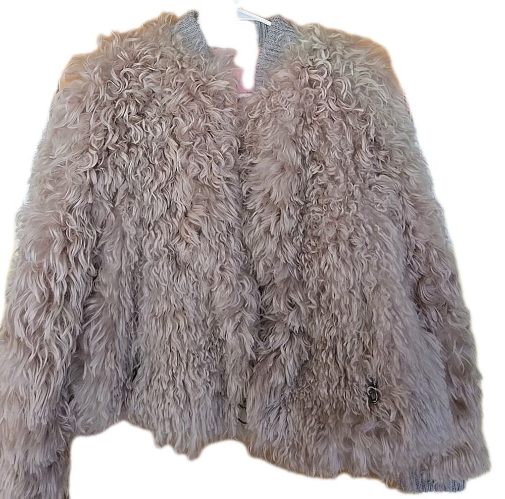 Giamba Tibetan Sheared Lamb Fur Pink Grey Trim Women’s Coat High XS